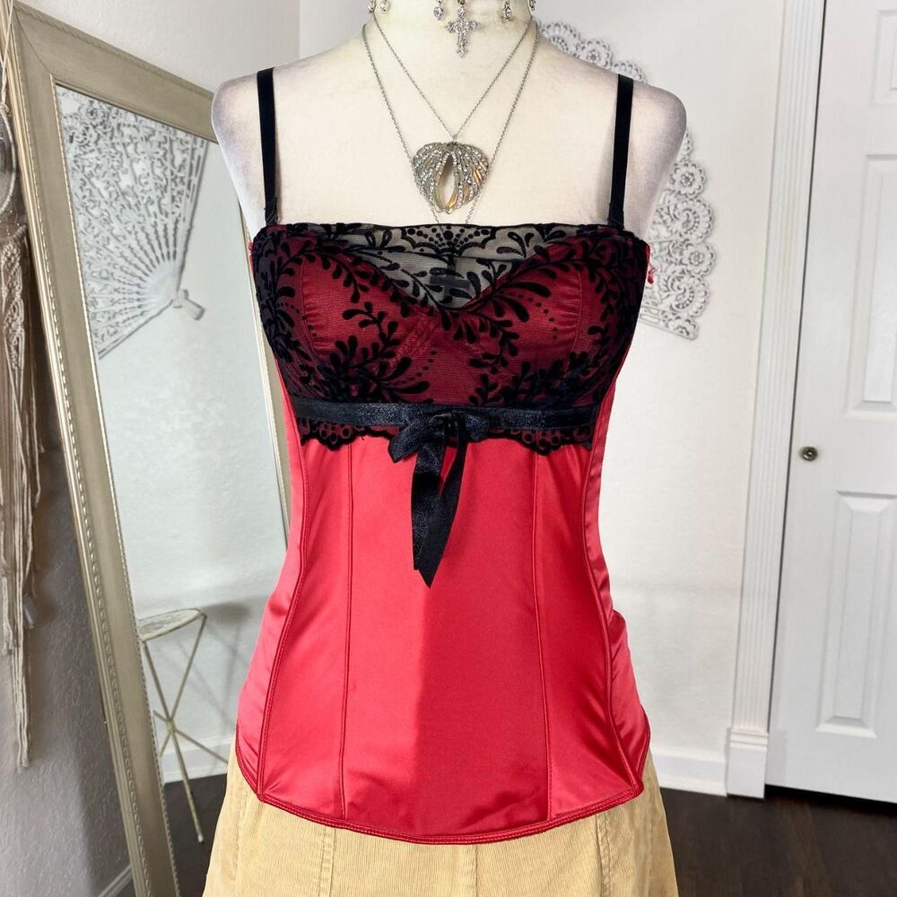 Ambrielle Early 2000's Romantic Goth Red Satin Black Velvet Lace Corset Top S - Picture 2 of 6